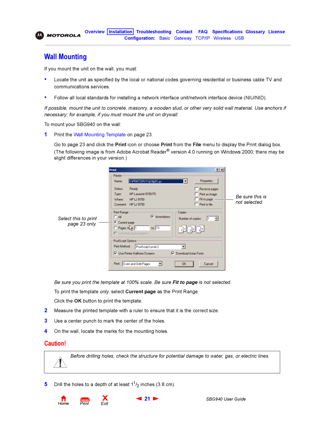 Motorola SBG940 manual Print the Wall Mounting Template on 