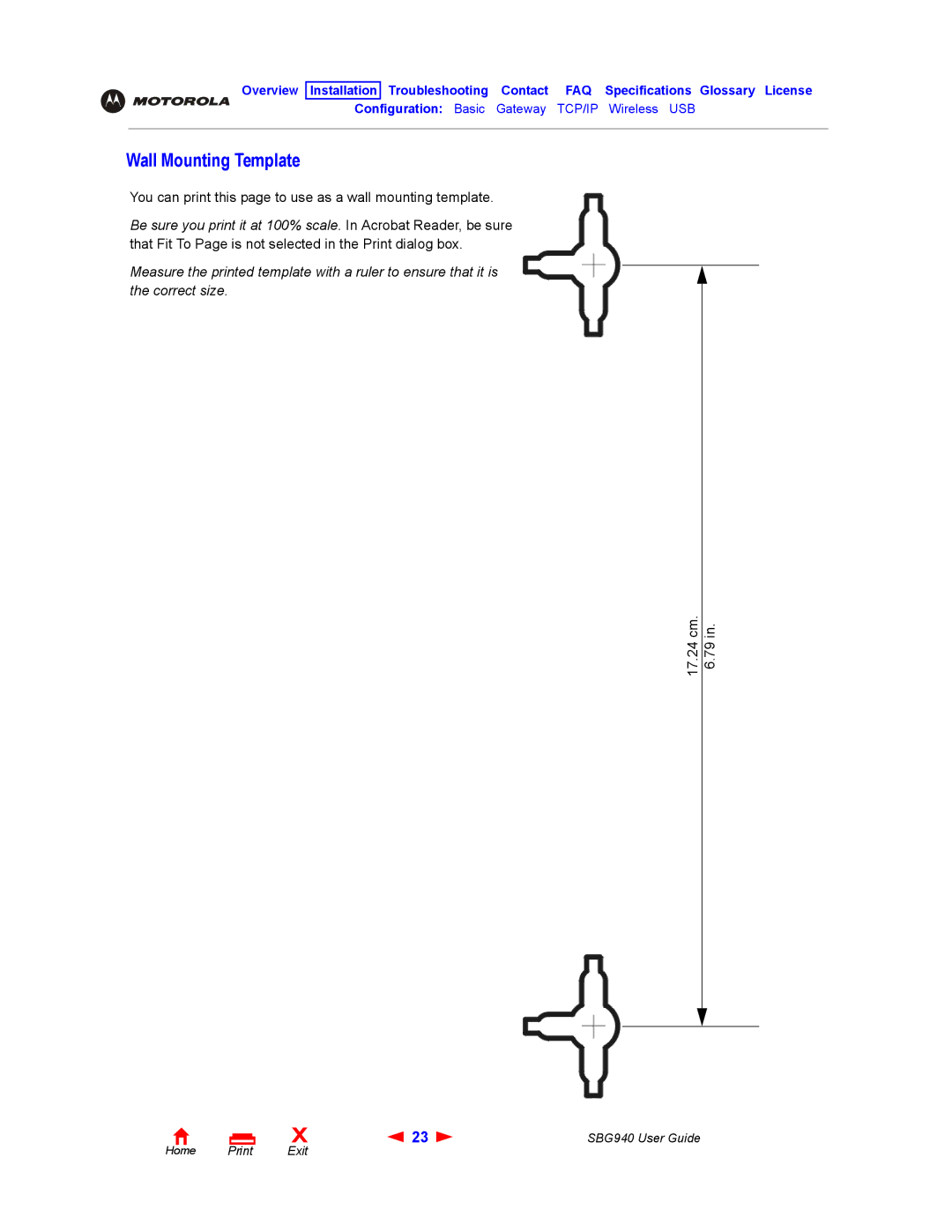 Motorola SBG940 manual Wall Mounting Template, 17.24 cm .79 