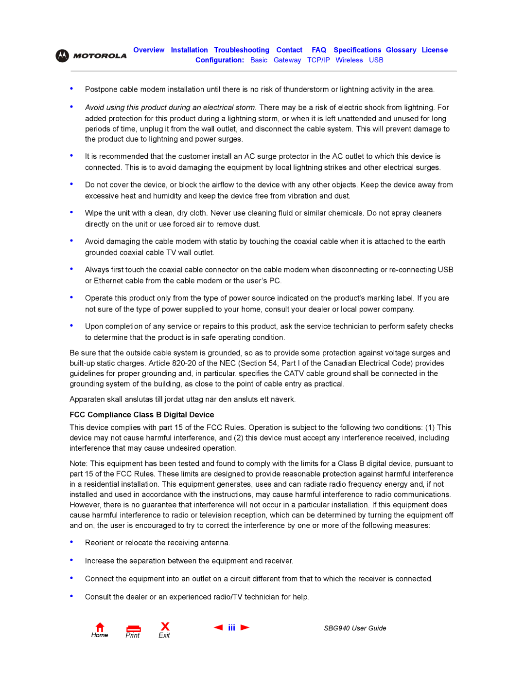 Motorola SBG940 manual Iii, FCC Compliance Class B Digital Device 