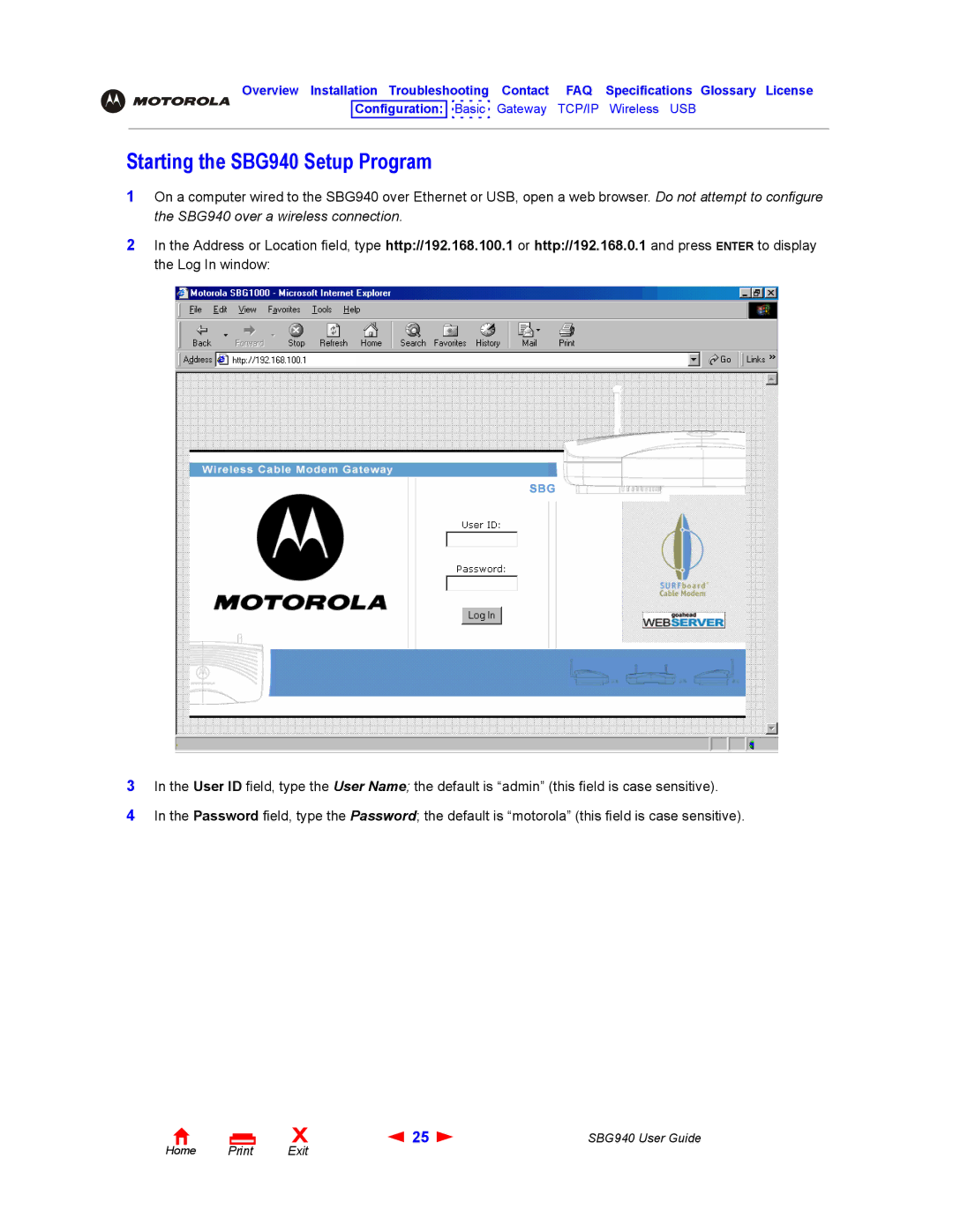 Motorola manual Starting the SBG940 Setup Program 