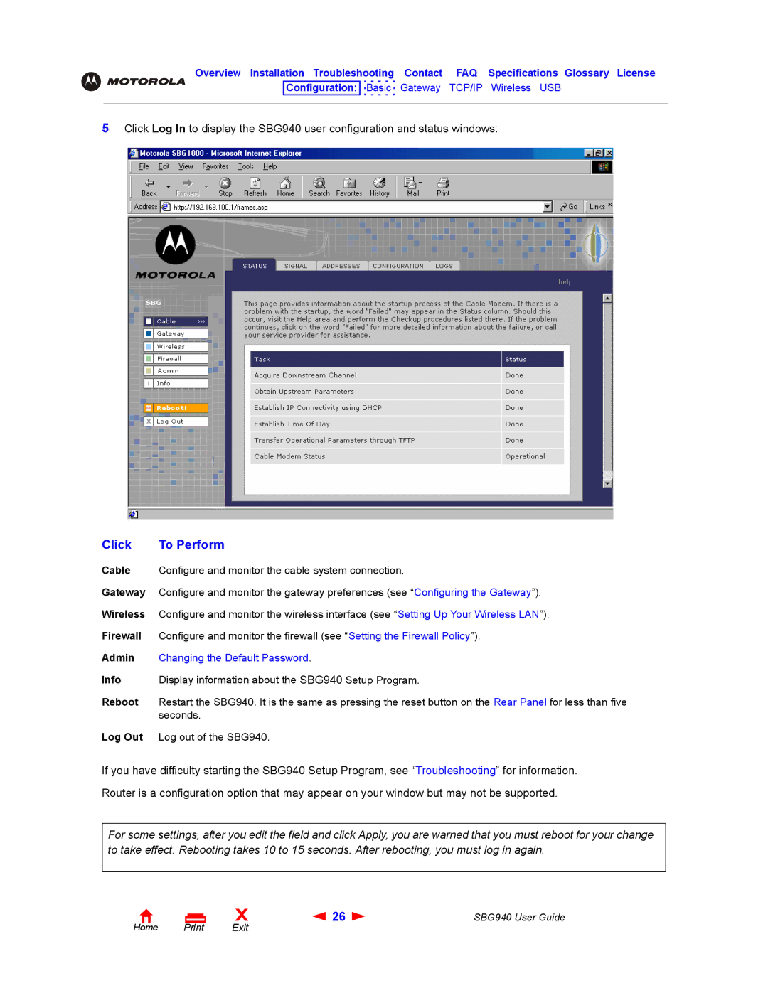 Motorola SBG940 manual Click, To Perform 