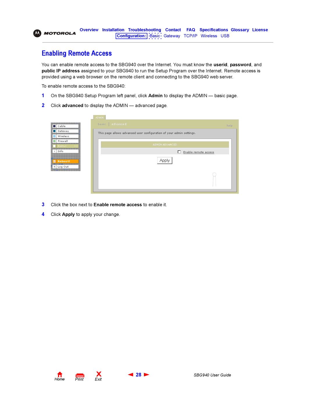 Motorola SBG940 manual Enabling Remote Access 