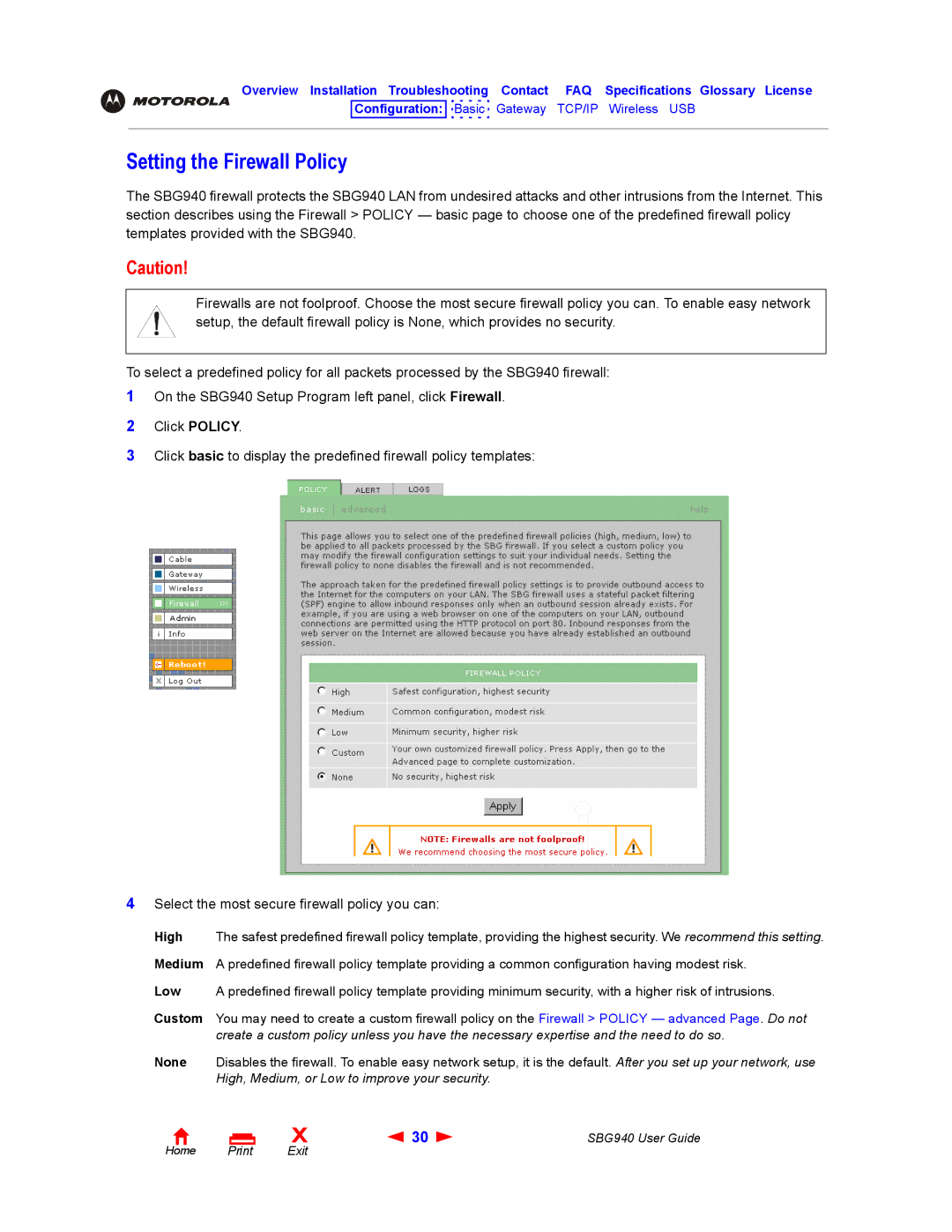 Motorola SBG940 manual Setting the Firewall Policy 