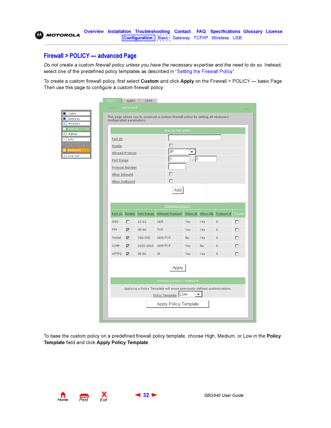 Motorola SBG940 manual Firewall Policy advanced 