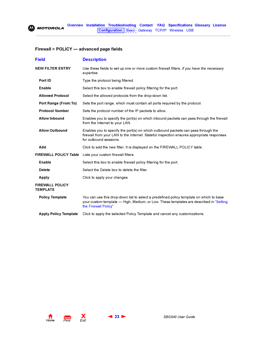 Motorola SBG940 manual Field Description, NEW Filter Entry, Firewall Policy Template 