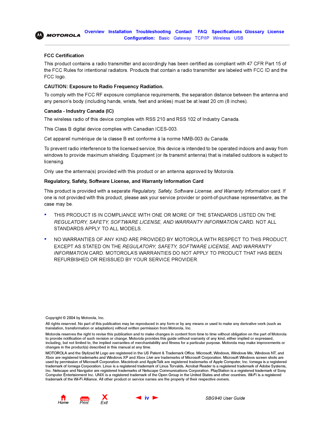 Motorola SBG940 manual FCC Certification, Canada Industry Canada IC 