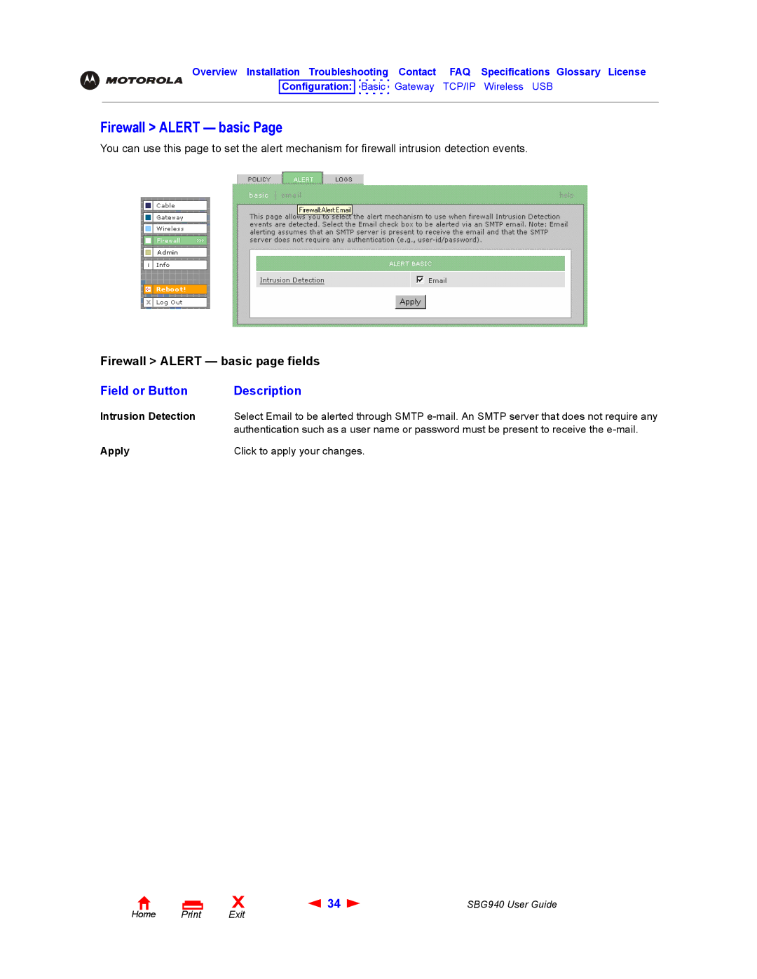 Motorola SBG940 manual Firewall Alert basic, Field or Button Description, Intrusion Detection 