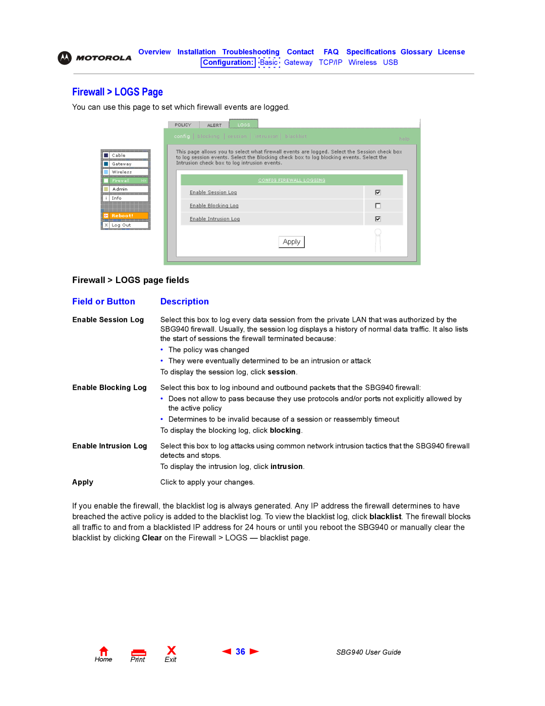 Motorola SBG940 manual Firewall Logs, Apply Click to apply your changes 