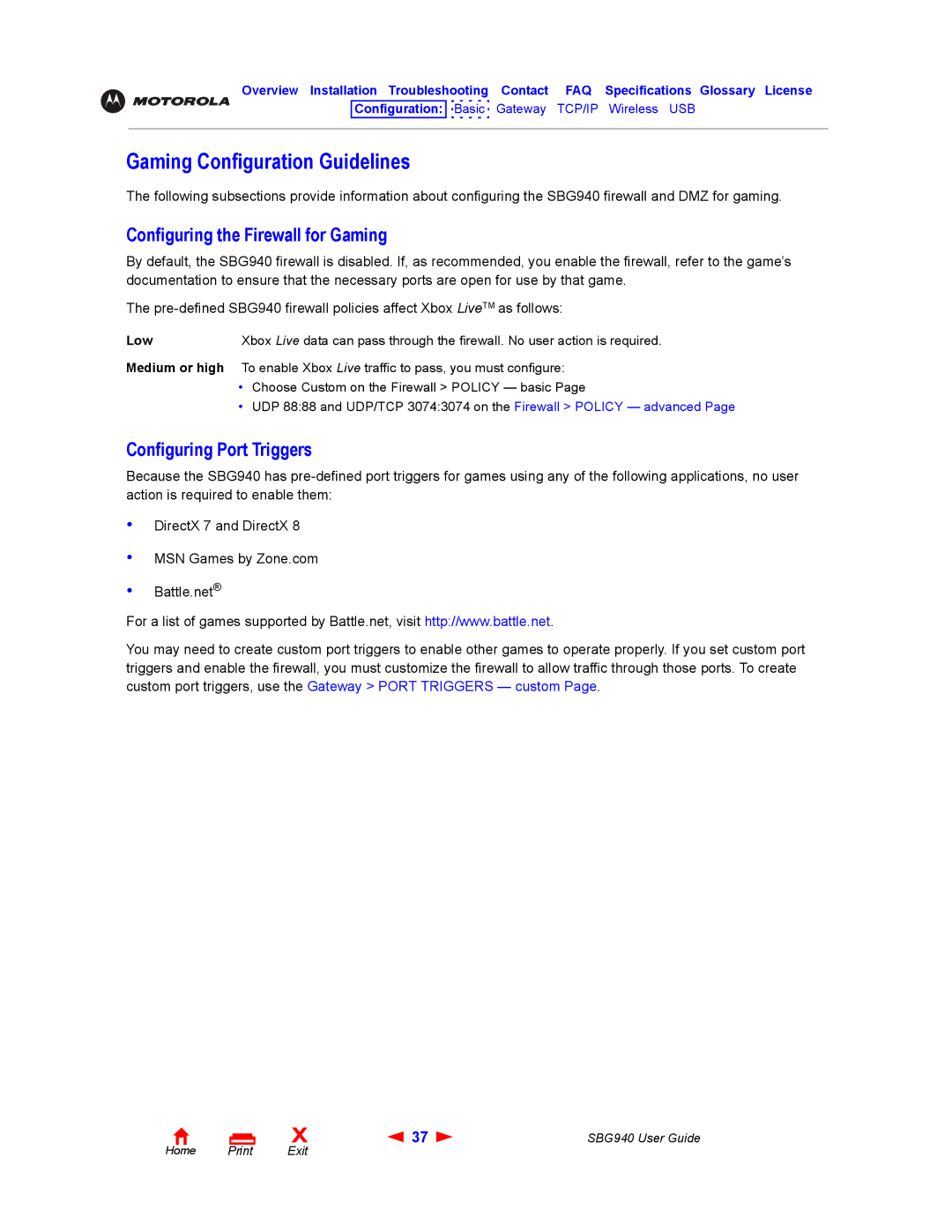 Motorola SBG940 manual Gaming Configuration Guidelines, Configuring the Firewall for Gaming, Configuring Port Triggers, Low 