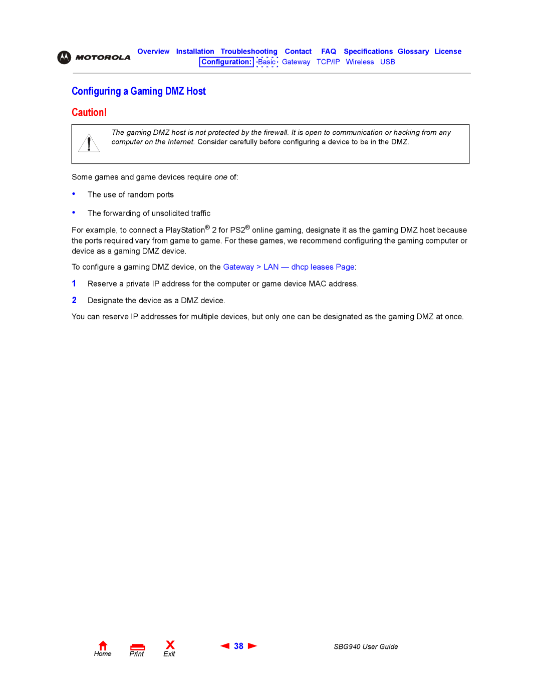 Motorola SBG940 manual Configuring a Gaming DMZ Host 