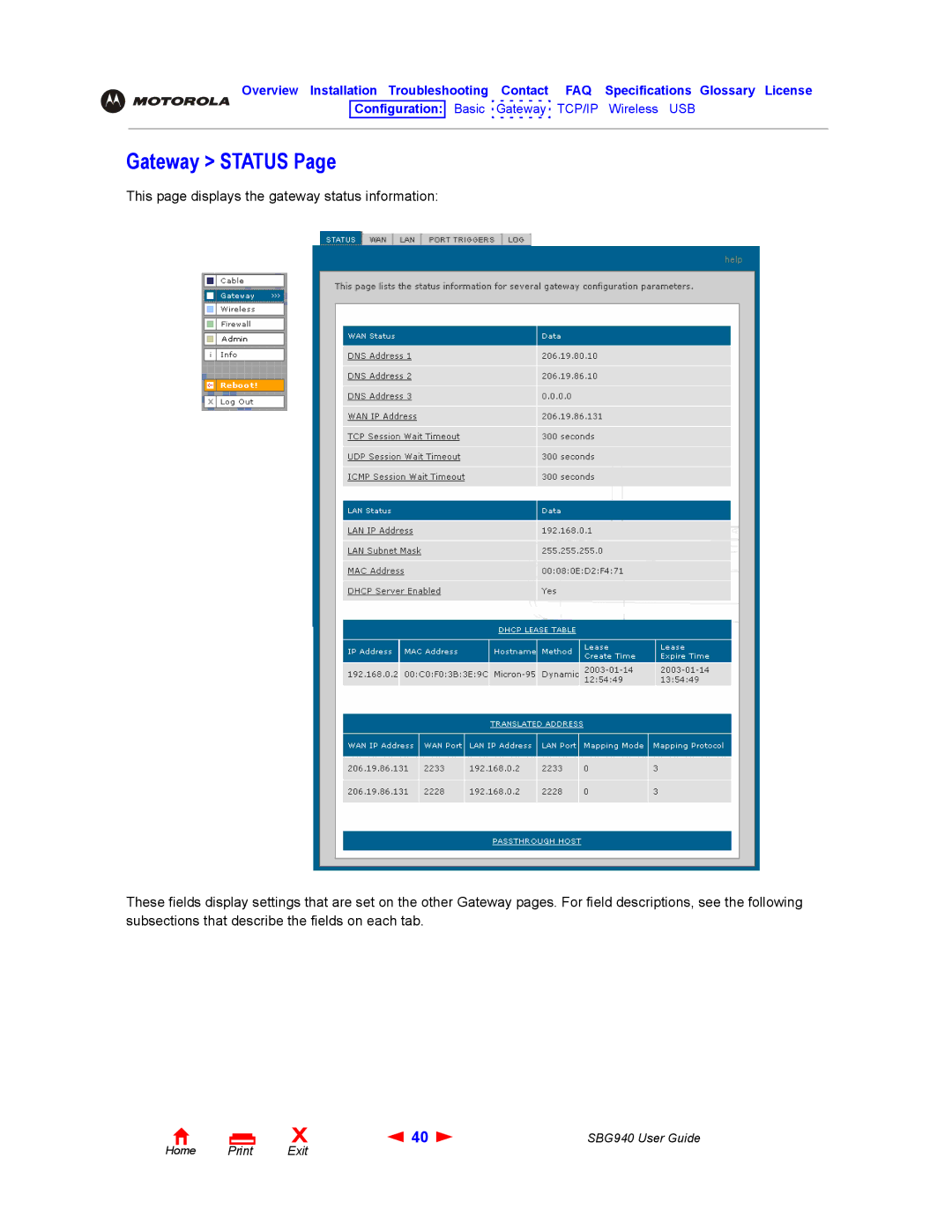 Motorola SBG940 manual Gateway Status 