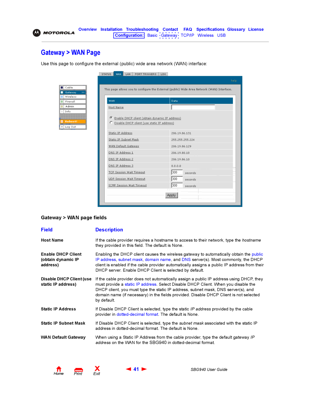 Motorola SBG940 manual Gateway WAN 