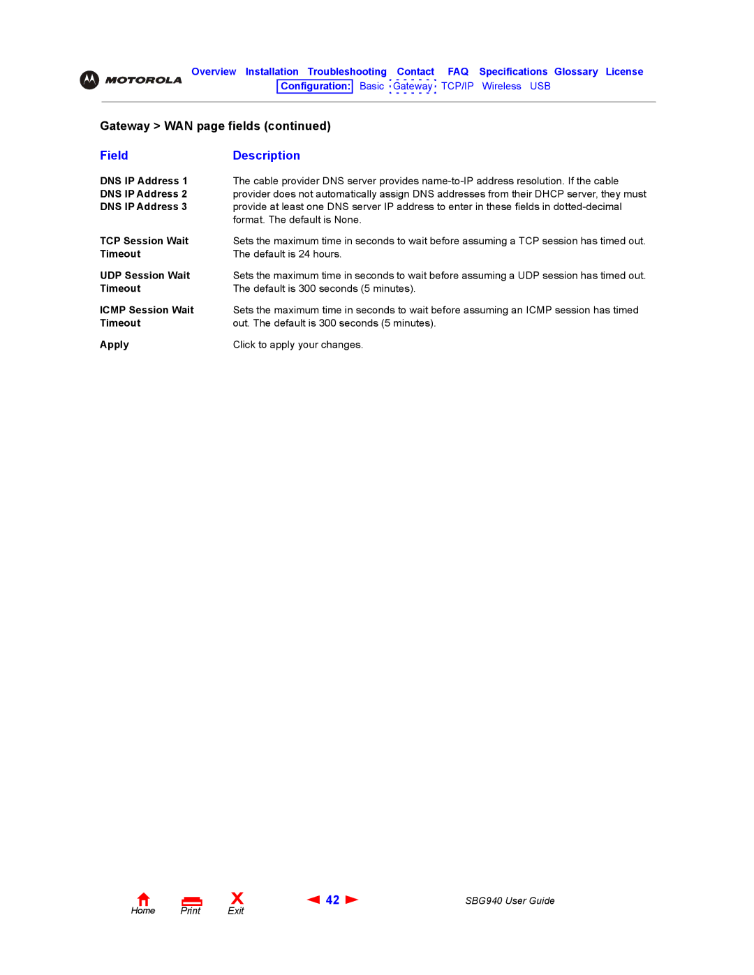 Motorola SBG940 manual DNS IP Address, TCP Session Wait, Timeout, UDP Session Wait, Icmp Session Wait 