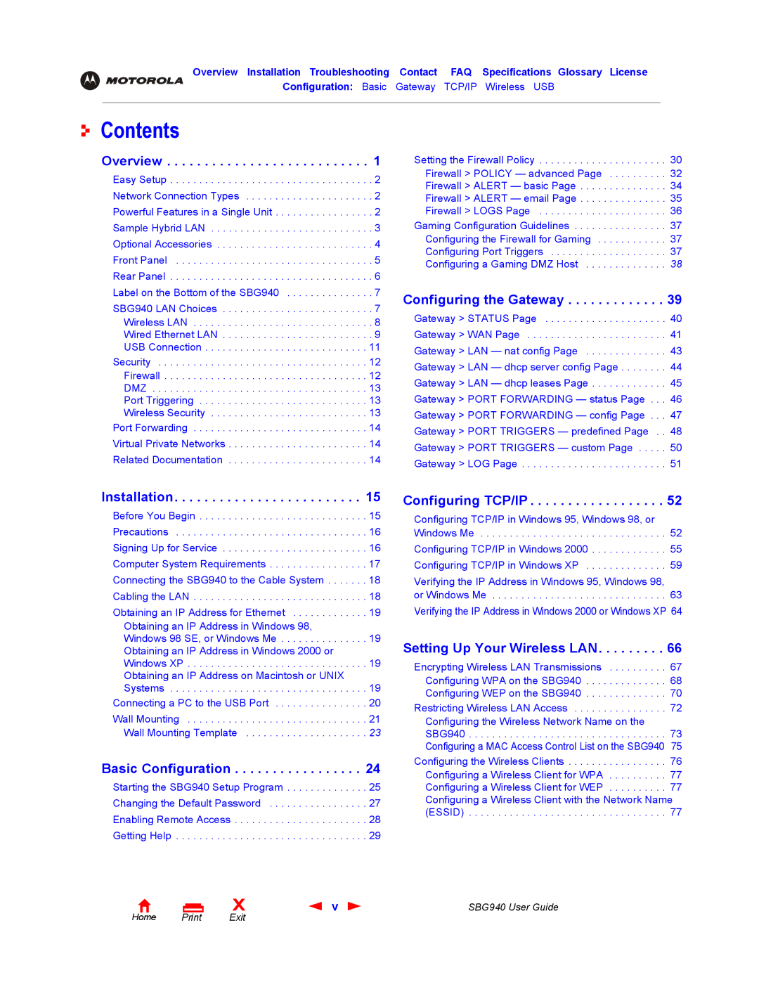 Motorola SBG940 manual Contents 