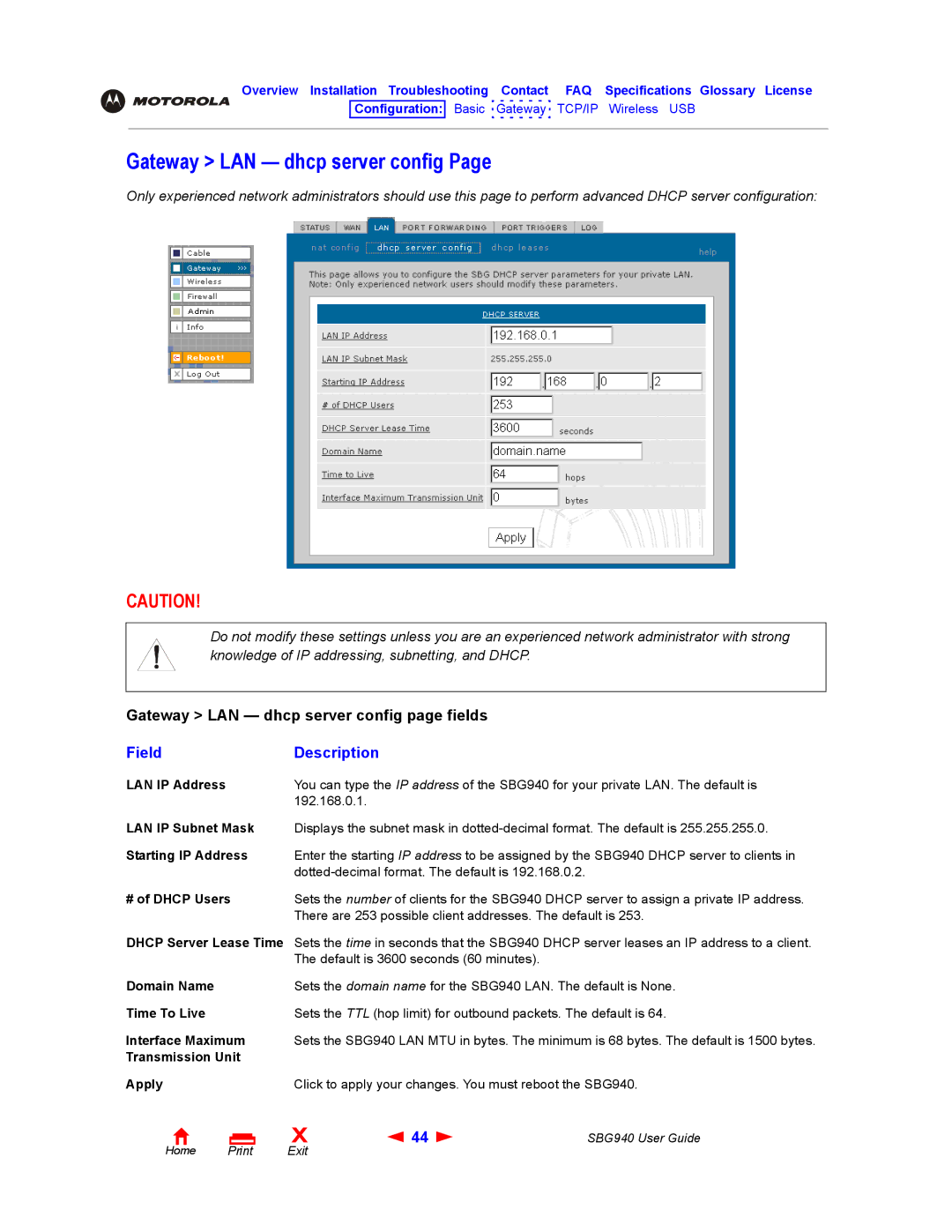 Motorola SBG940 manual Gateway LAN dhcp server config 