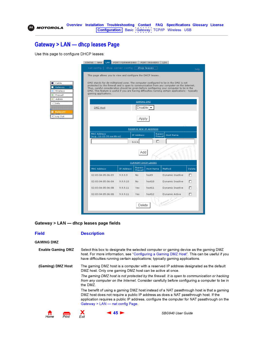 Motorola SBG940 manual Gateway LAN dhcp leases, FieldDescription, Gaming DMZ Enable Gaming DMZ Gaming DMZ Host 