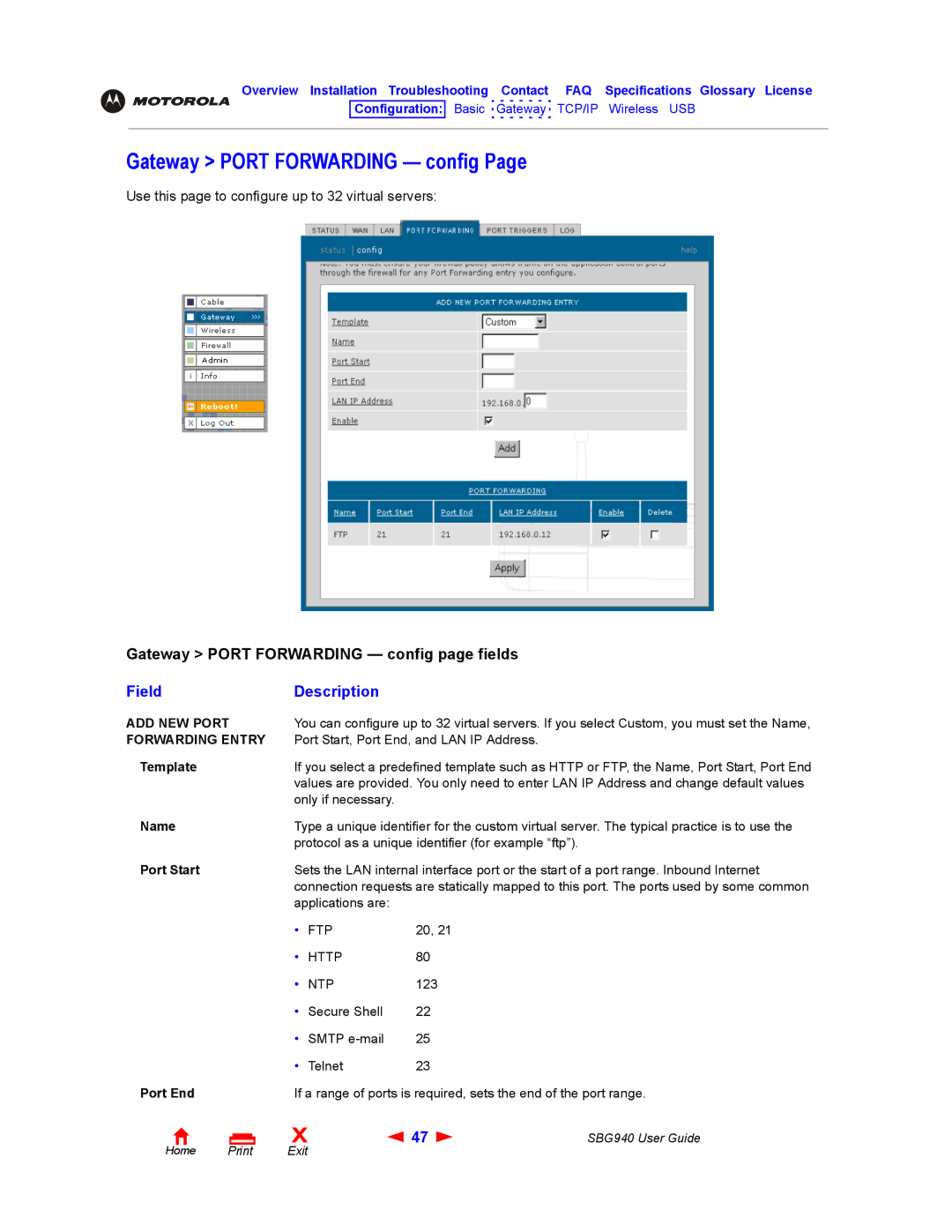 Motorola SBG940 manual Gateway Port Forwarding config, ADD NEW Port, Forwarding Entry 