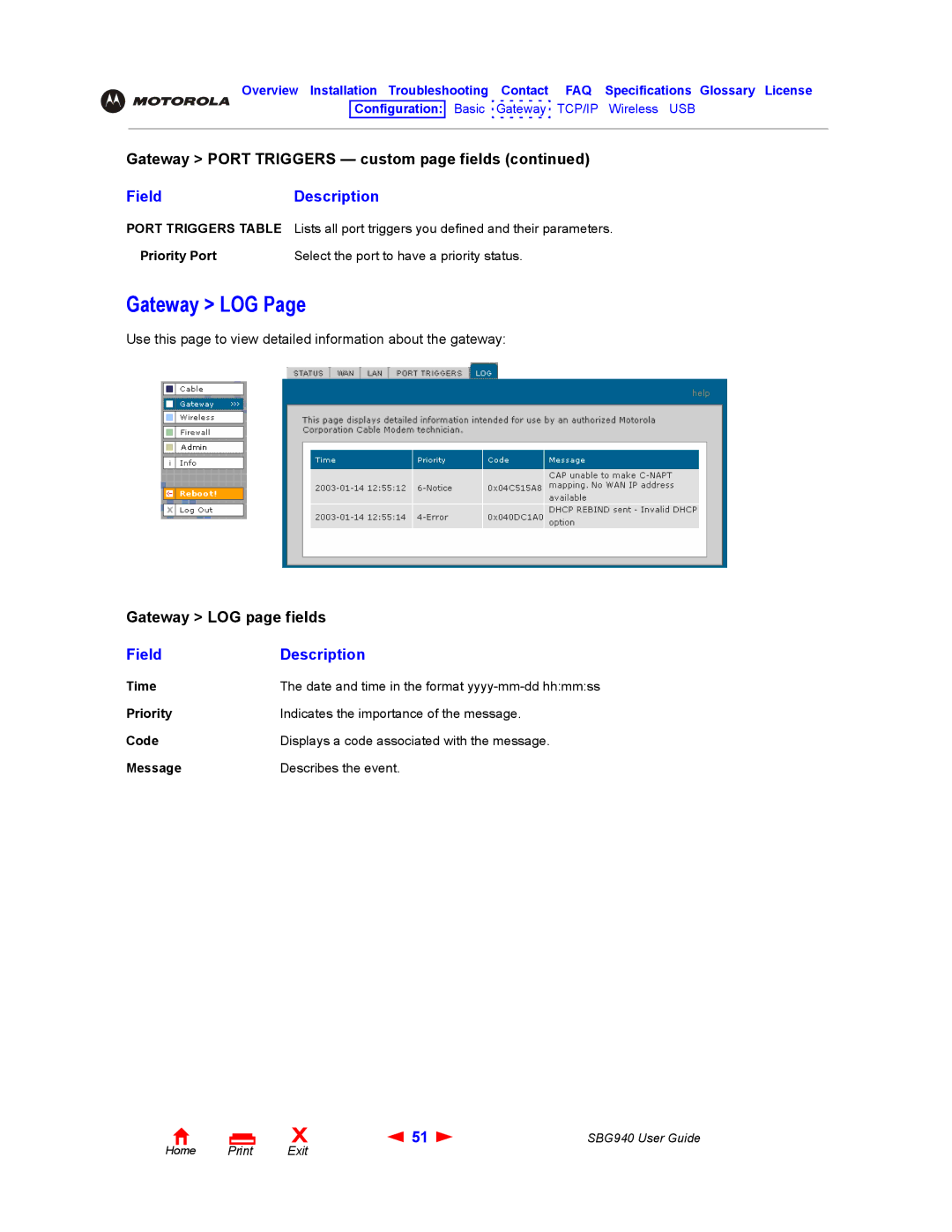 Motorola SBG940 manual Gateway LOG 