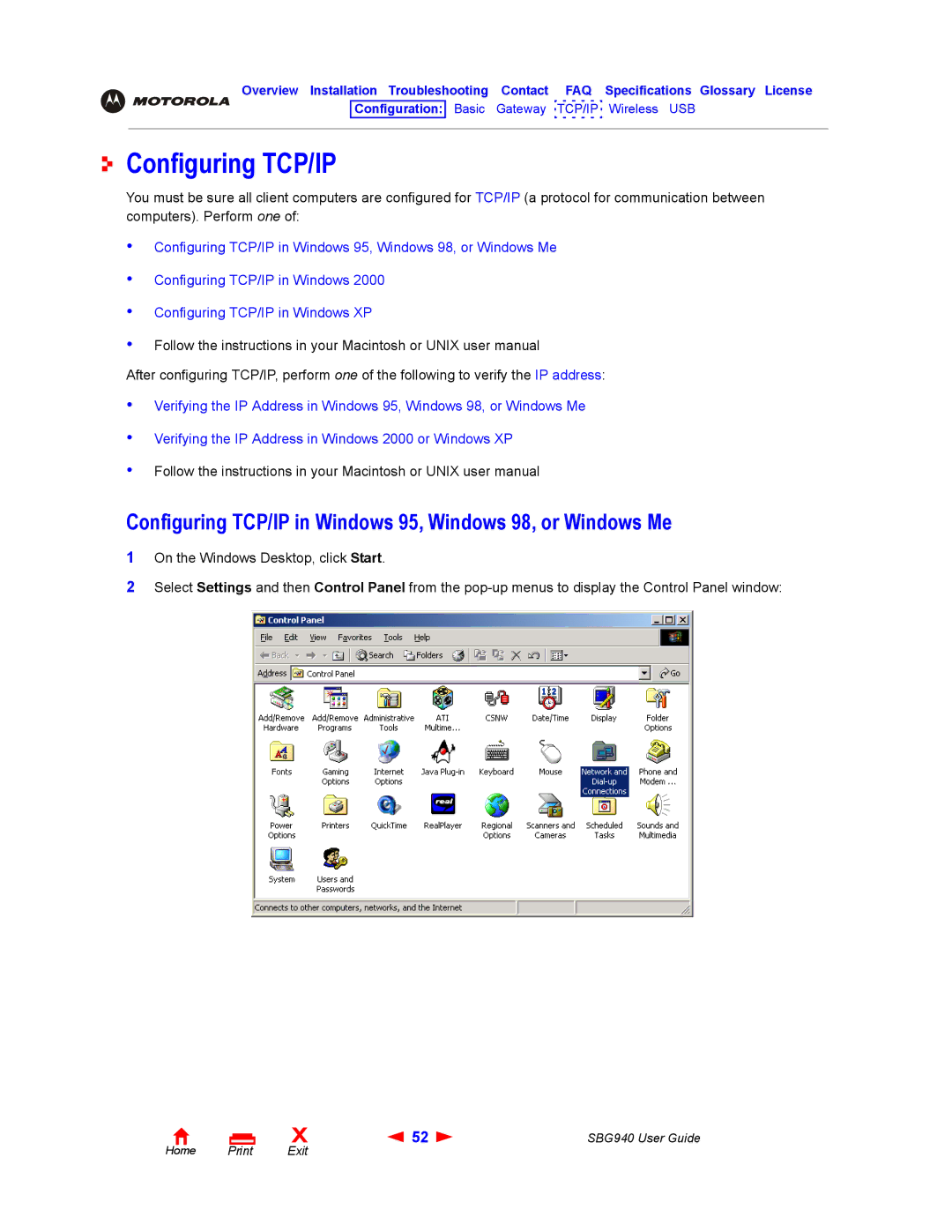 Motorola SBG940 manual Configuring TCP/IP in Windows 95, Windows 98, or Windows Me 