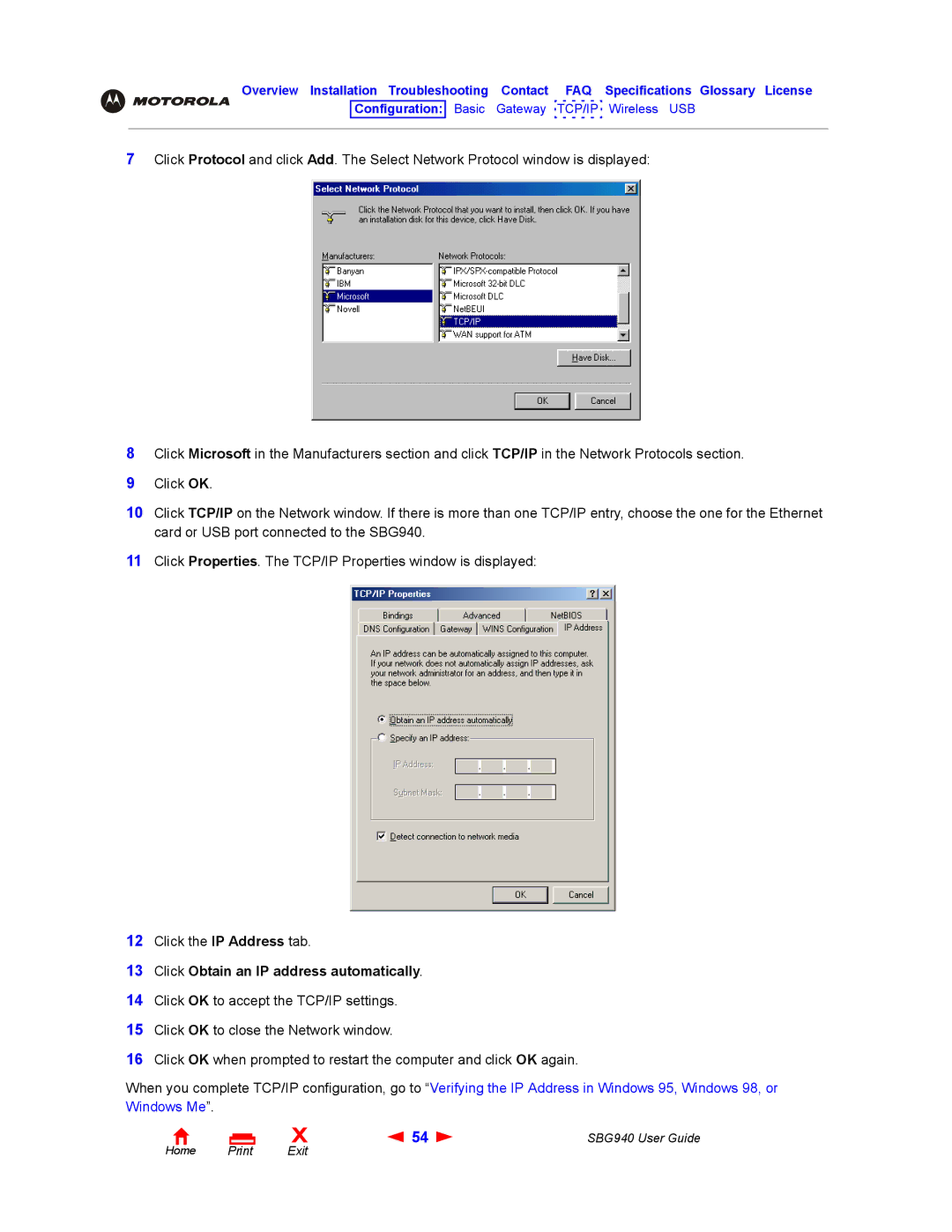 Motorola SBG940 manual Click Obtain an IP address automatically 