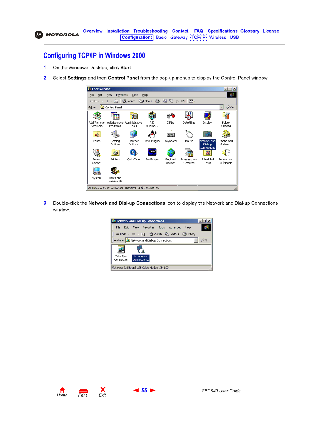 Motorola SBG940 manual Configuring TCP/IP in Windows 