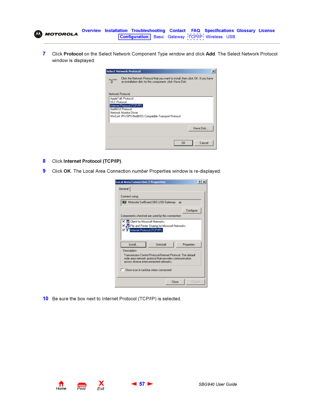 Motorola SBG940 manual Click Internet Protocol TCP/IP 