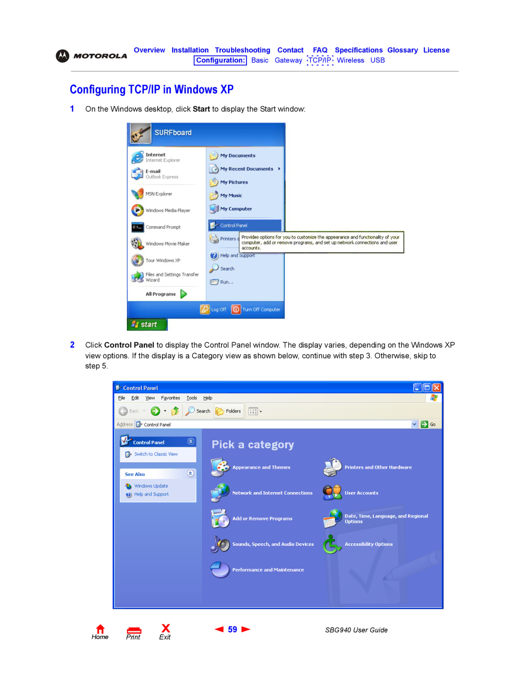 Motorola SBG940 manual Configuring TCP/IP in Windows XP 