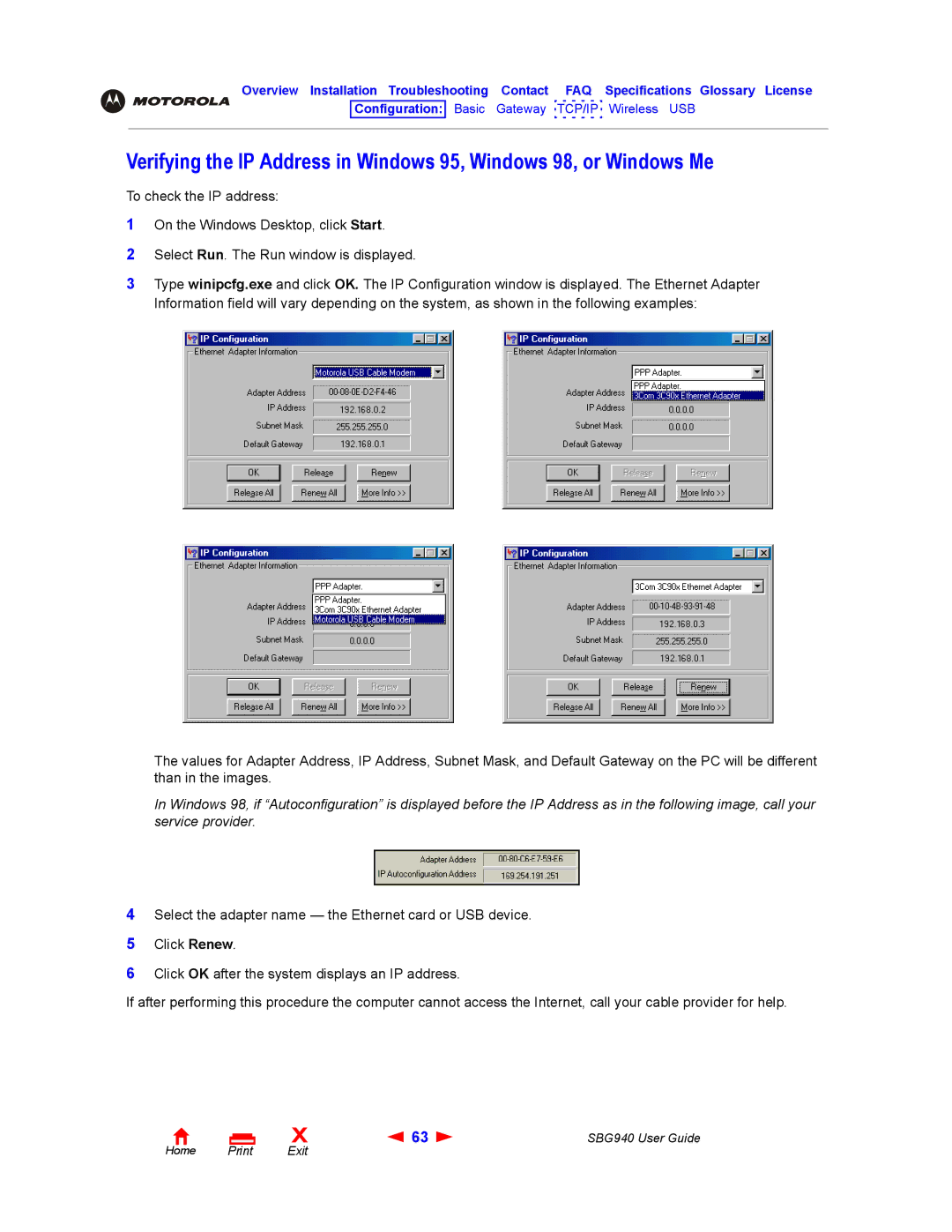 Motorola SBG940 manual Configuration Basic Gateway TCP/IP Wireless USB 