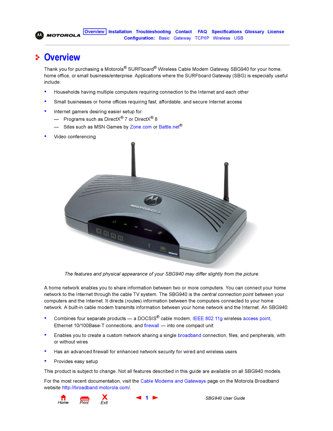 Motorola SBG940 manual Overview 