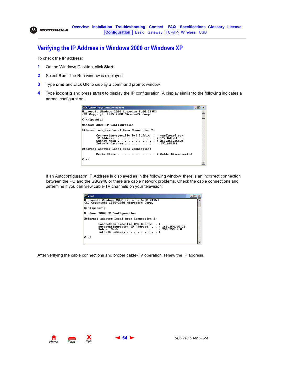 Motorola SBG940 manual Verifying the IP Address in Windows 2000 or Windows XP 