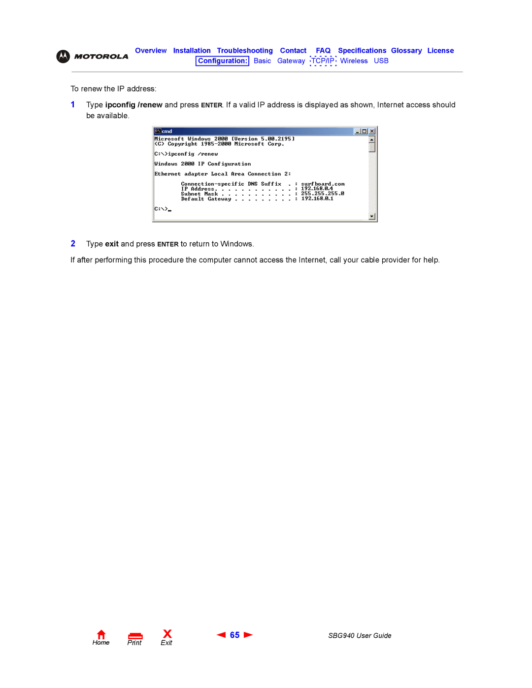 Motorola SBG940 manual Configuration Basic Gateway TCP/IP Wireless USB 