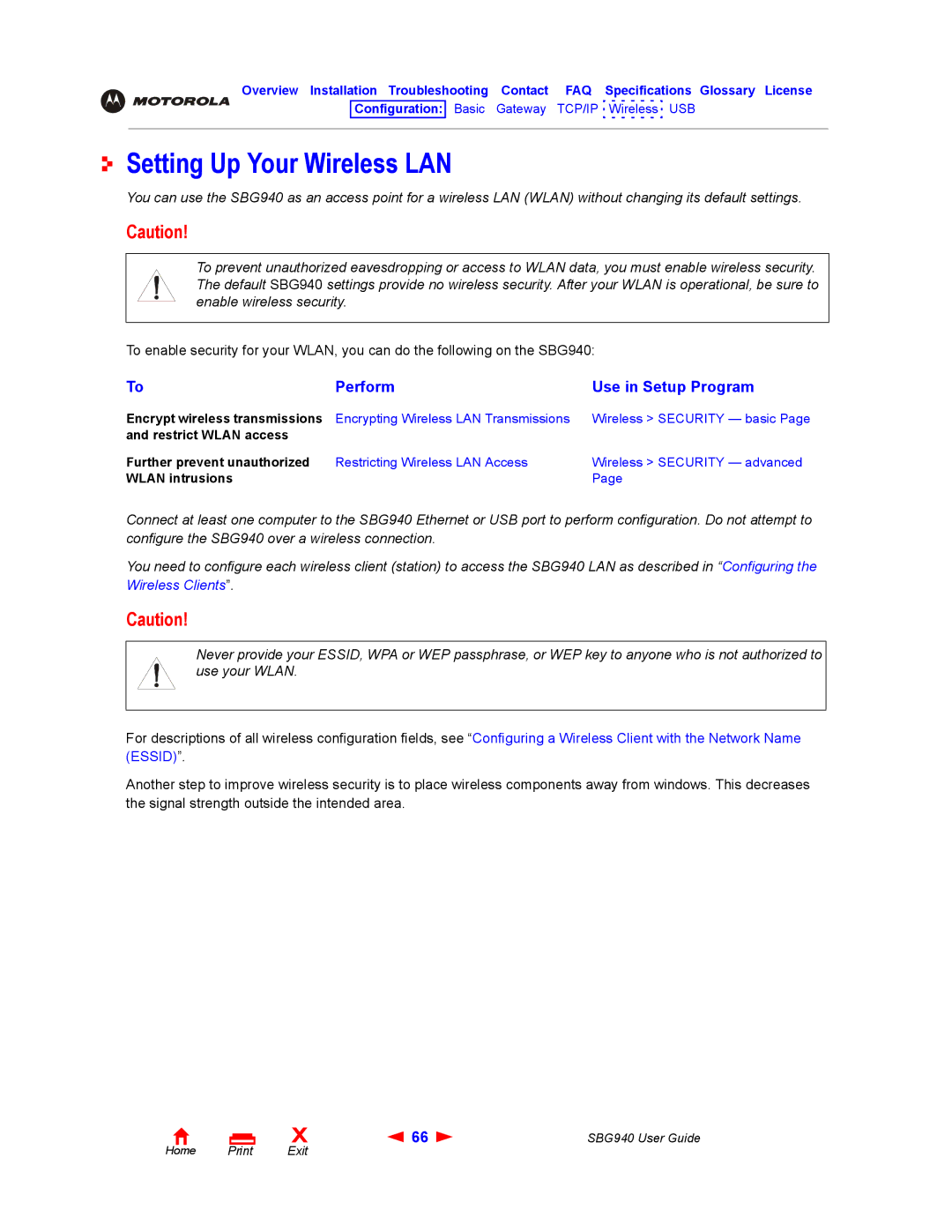 Motorola SBG940 manual Setting Up Your Wireless LAN, Perform Use in Setup Program 