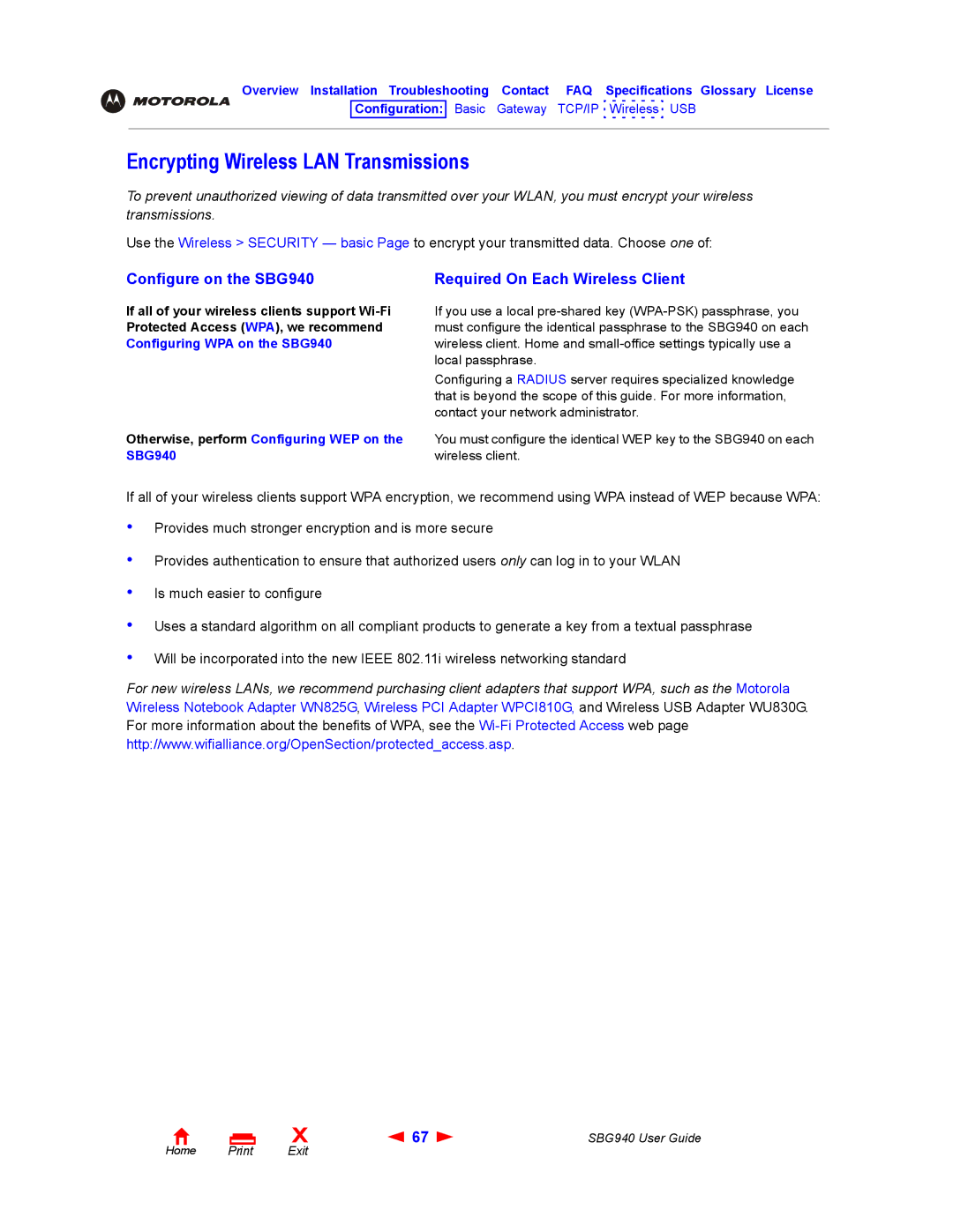 Motorola manual Encrypting Wireless LAN Transmissions, Configure on the SBG940, Required On Each Wireless Client 