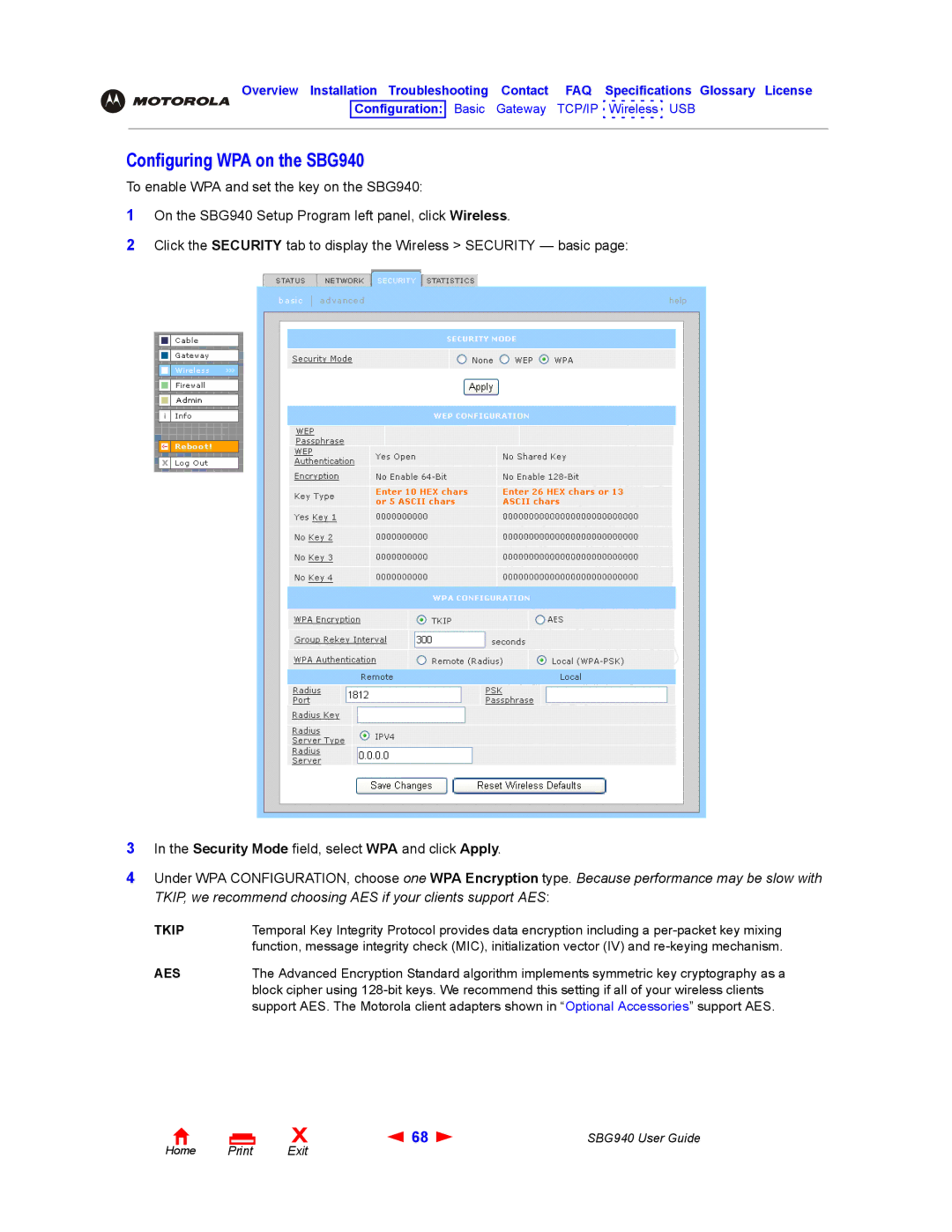 Motorola manual Configuring WPA on the SBG940, Tkip, Aes 