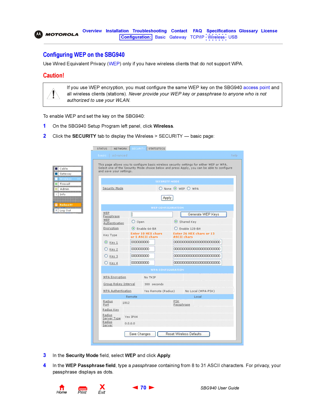 Motorola manual Configuring WEP on the SBG940 