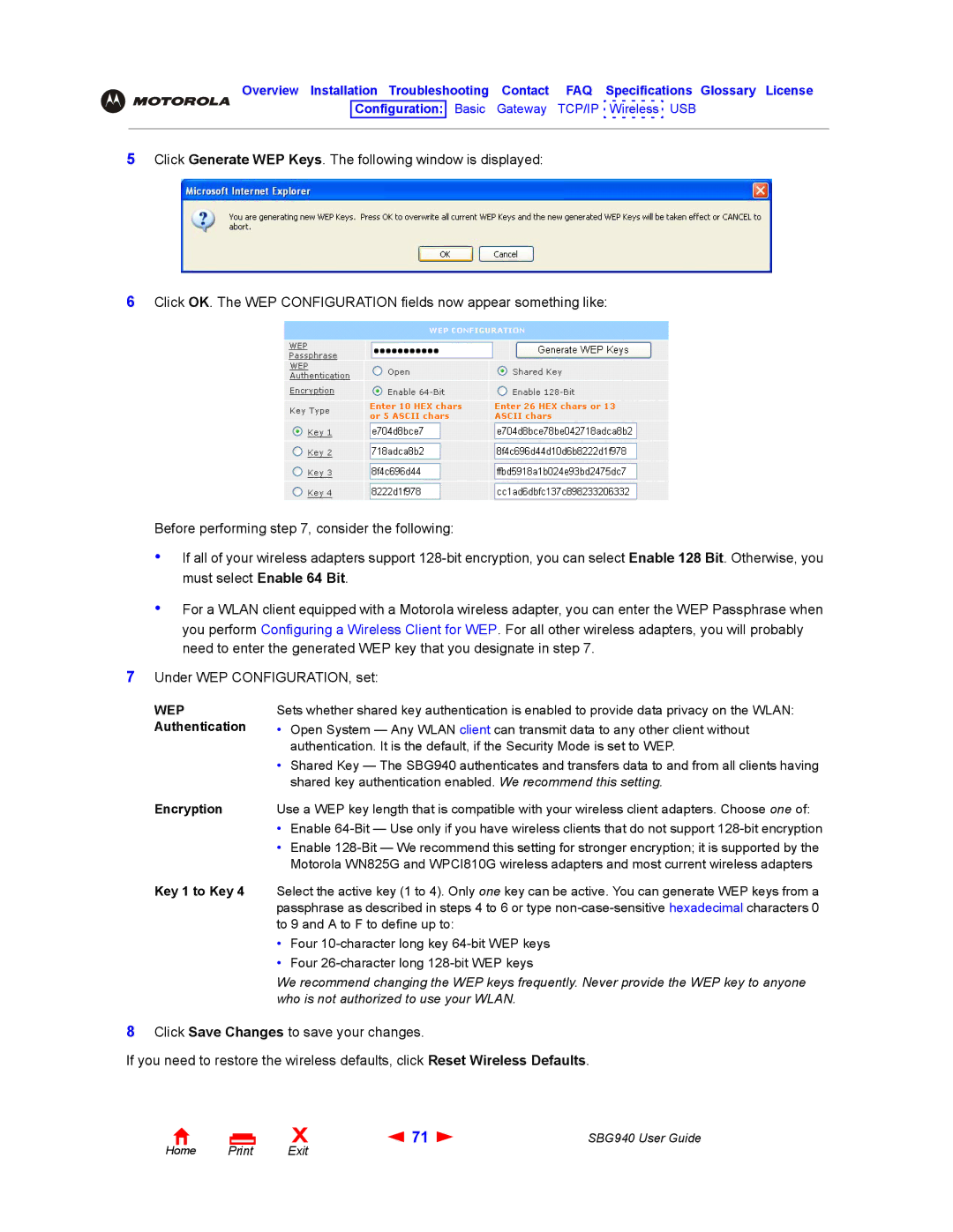 Motorola SBG940 manual Wep, Authentication, Encryption 