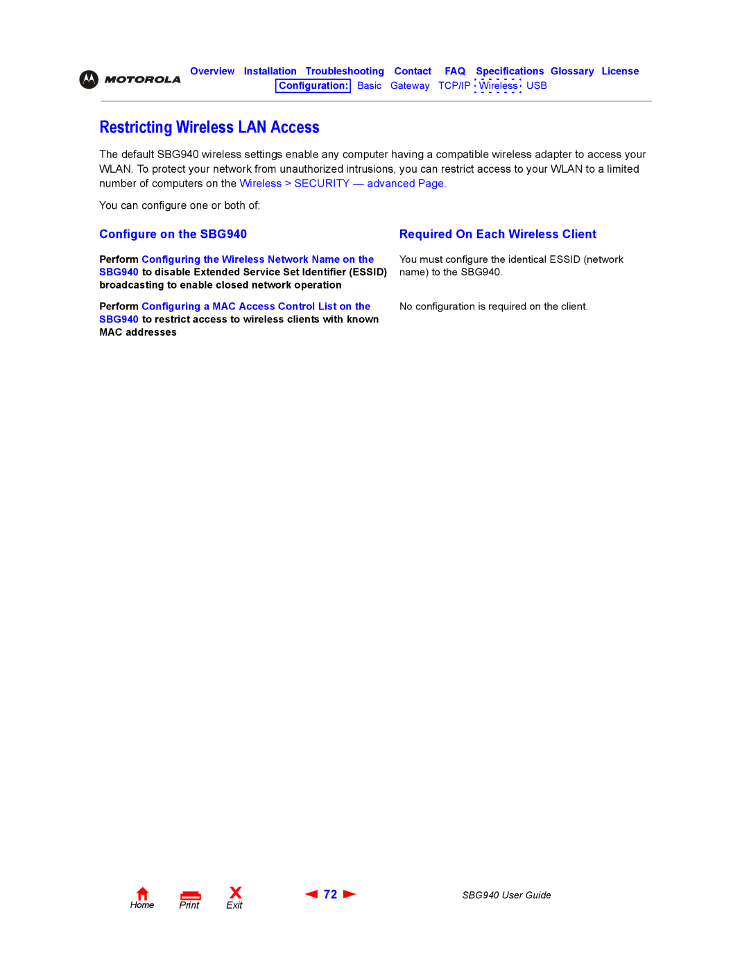 Motorola manual Restricting Wireless LAN Access, Configure on the SBG940 Required On Each Wireless Client 