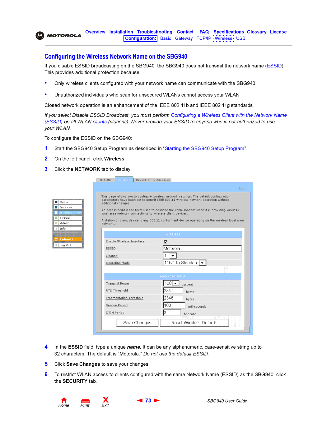 Motorola manual Configuring the Wireless Network Name on the SBG940 