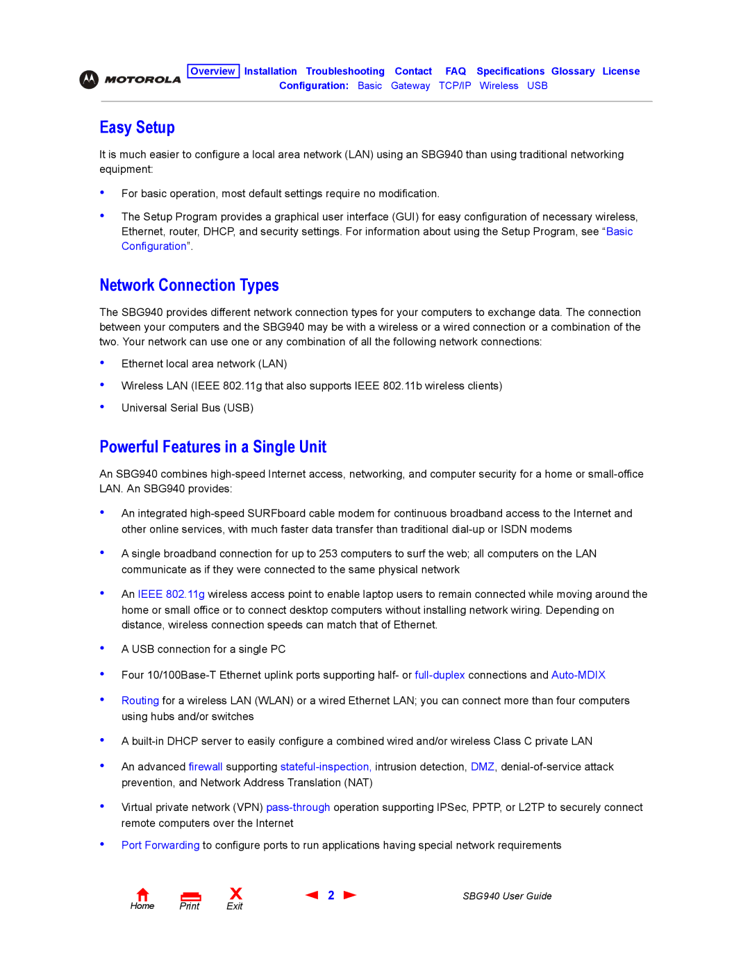 Motorola SBG940 manual Easy Setup, Network Connection Types, Powerful Features in a Single Unit 