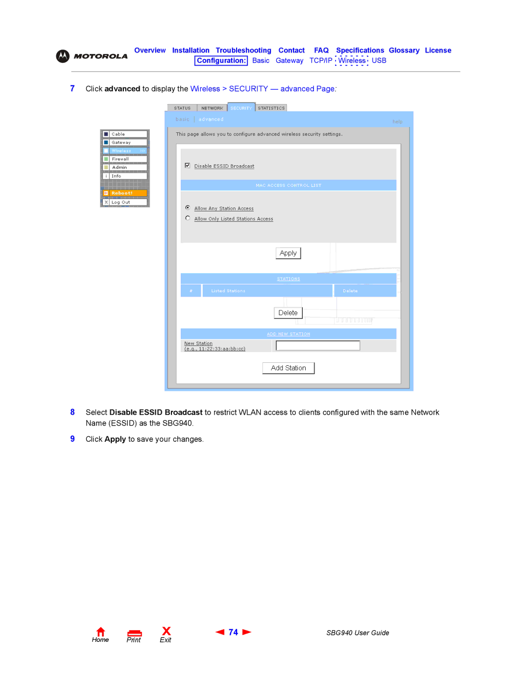 Motorola SBG940 manual Click advanced to display the Wireless Security advanced 