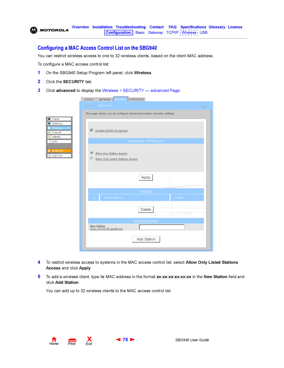 Motorola manual Configuring a MAC Access Control List on the SBG940 