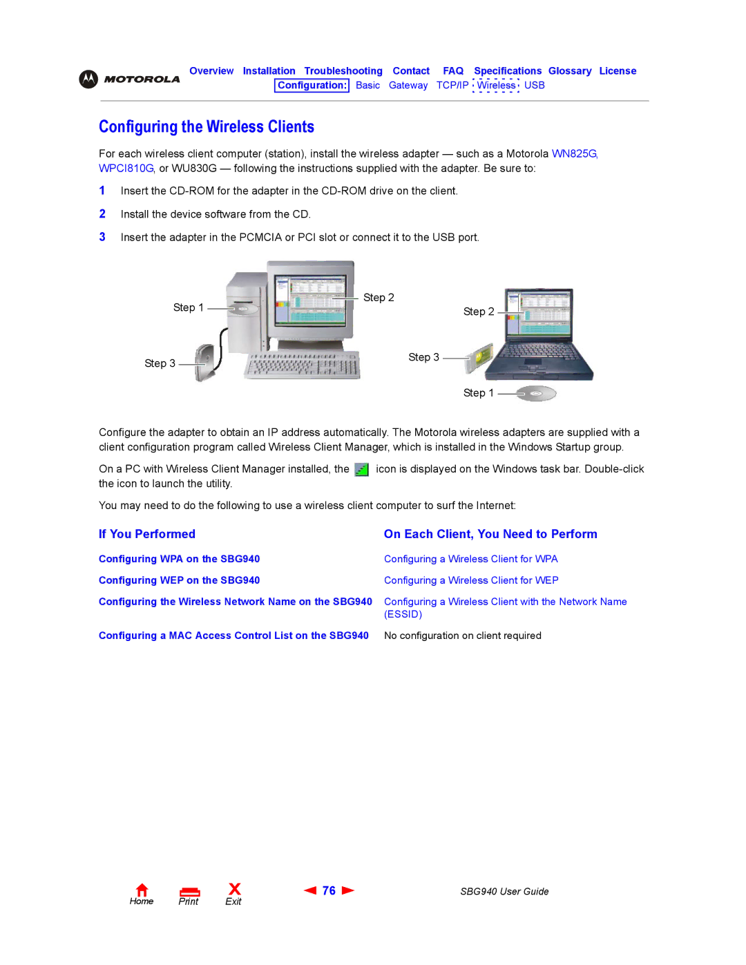 Motorola SBG940 manual Configuring the Wireless Clients, If You Performed On Each Client, You Need to Perform 