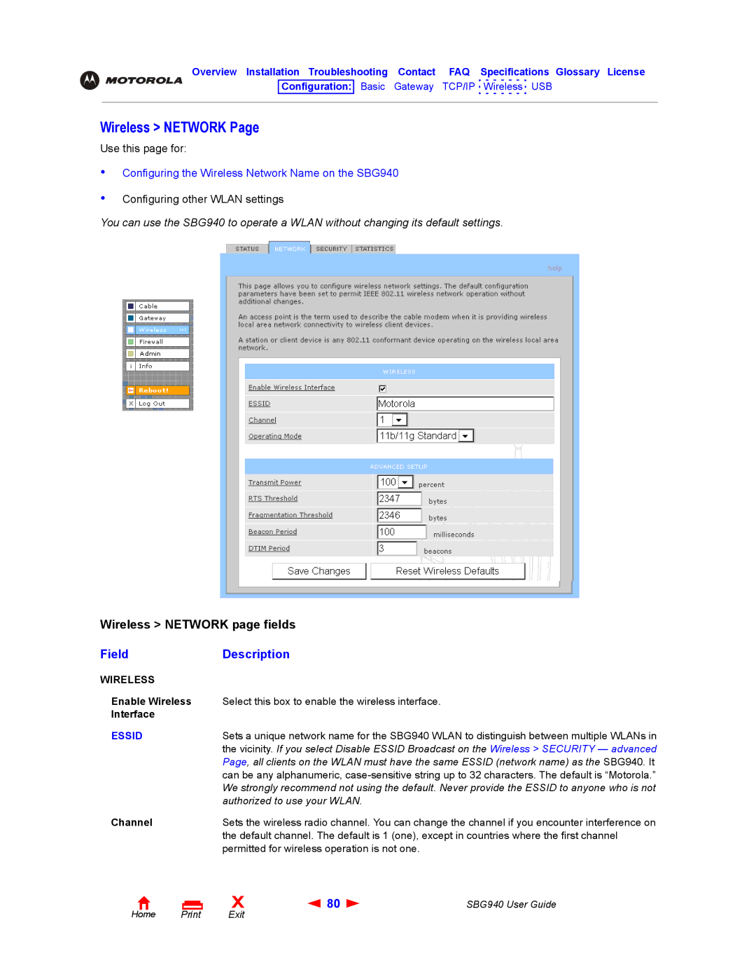 Motorola SBG940 manual Wireless Network, Enable Wireless, Interface 