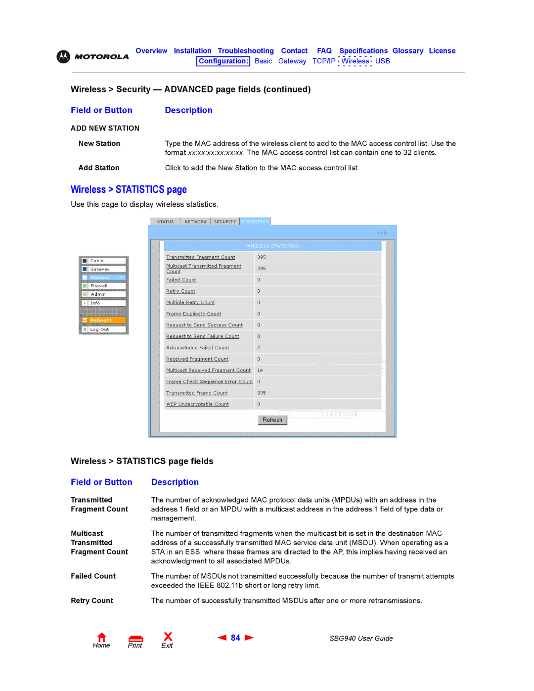 Motorola SBG940 manual Wireless Statistics, ADD NEW Station 