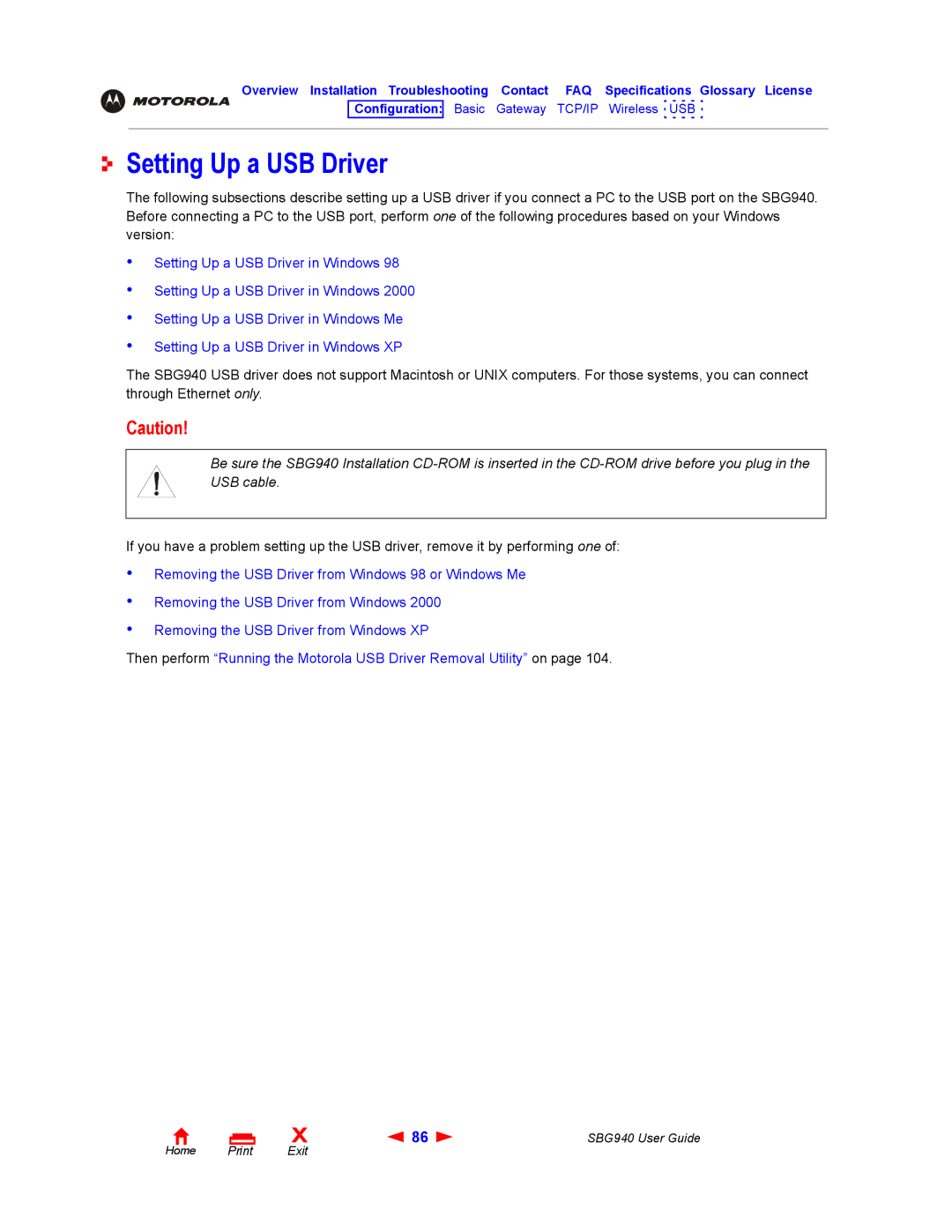 Motorola SBG940 manual Setting Up a USB Driver 