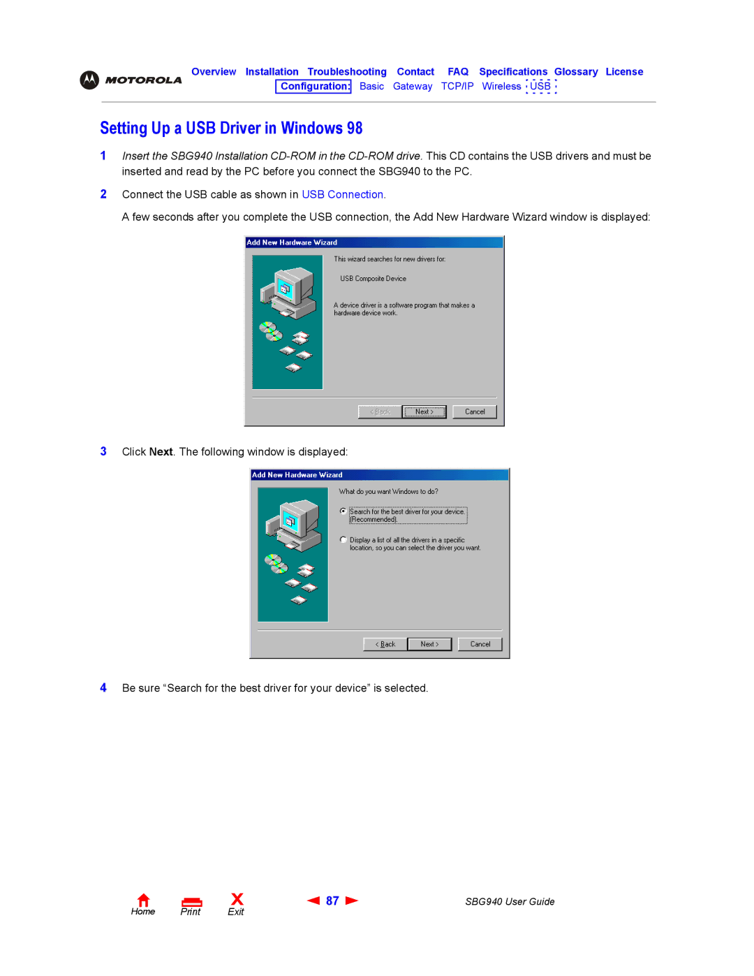 Motorola SBG940 manual Setting Up a USB Driver in Windows 