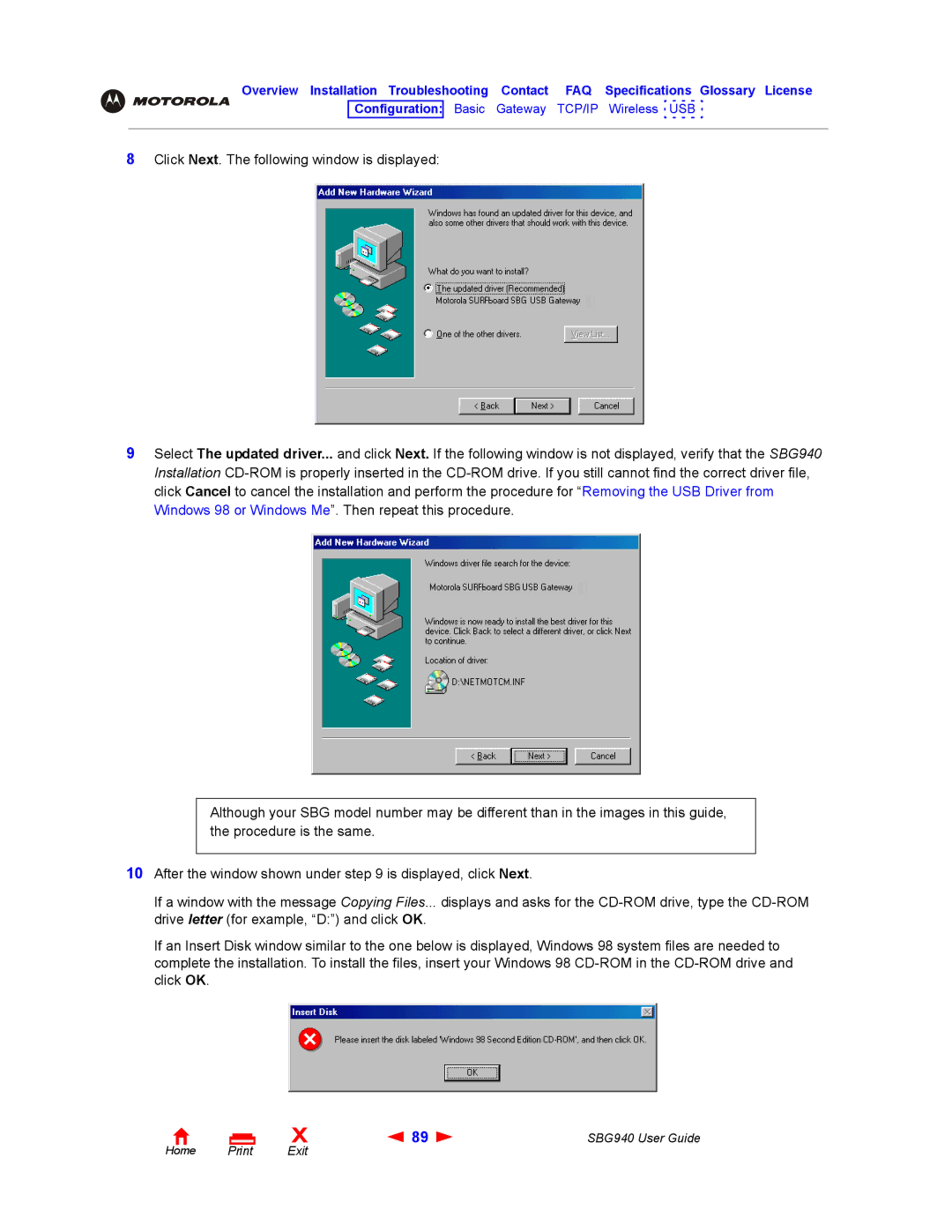 Motorola SBG940 manual Configuration Basic Gateway TCP/IP Wireless USB 