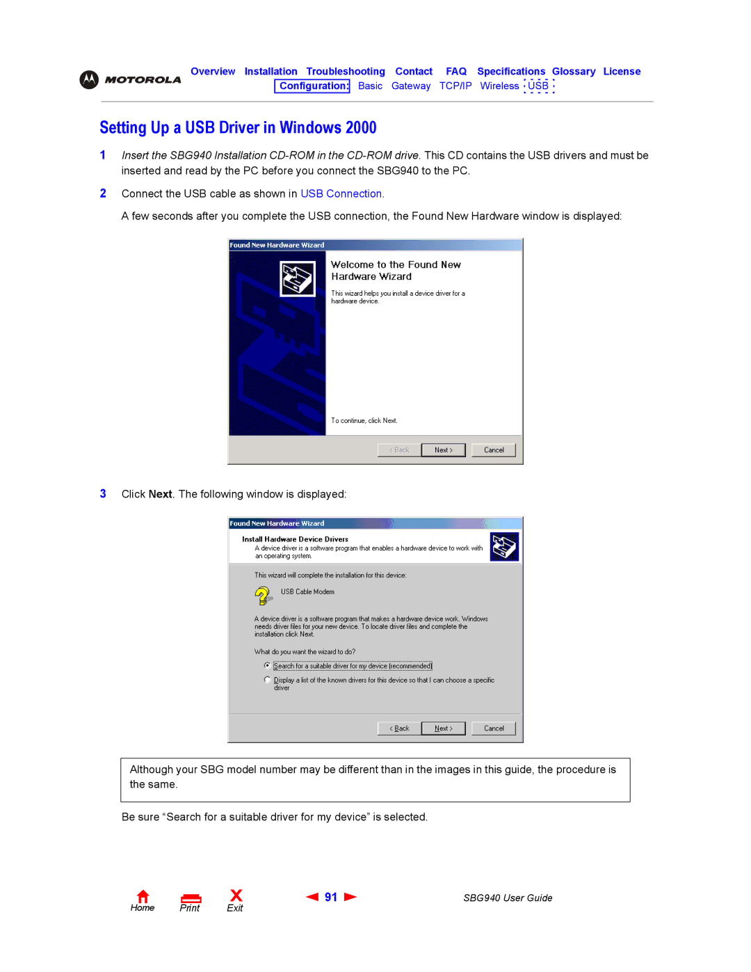 Motorola SBG940 manual Setting Up a USB Driver in Windows 