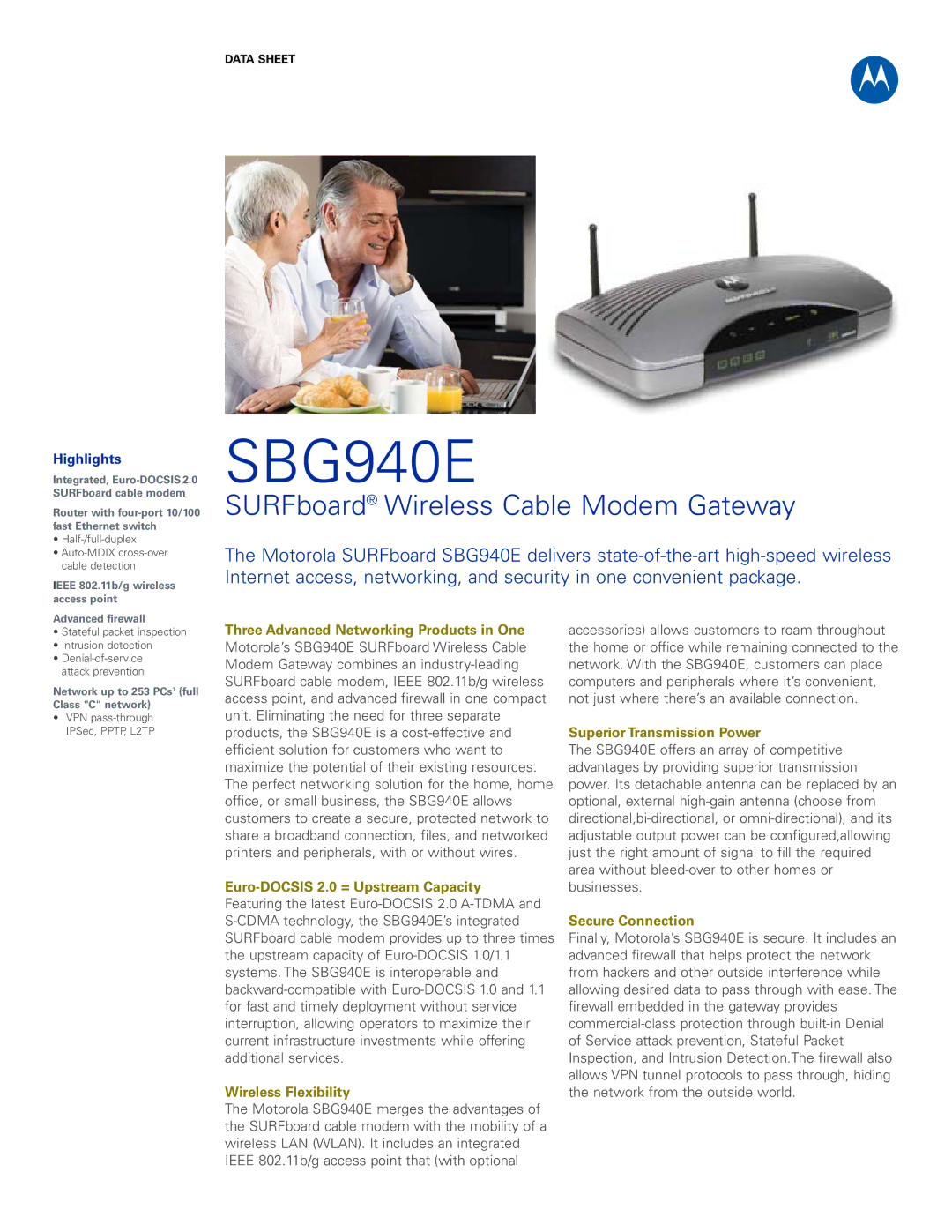 Motorola SBG940E manual Three Advanced Networking Products in One, Superior Transmission Power, Secure Connection 