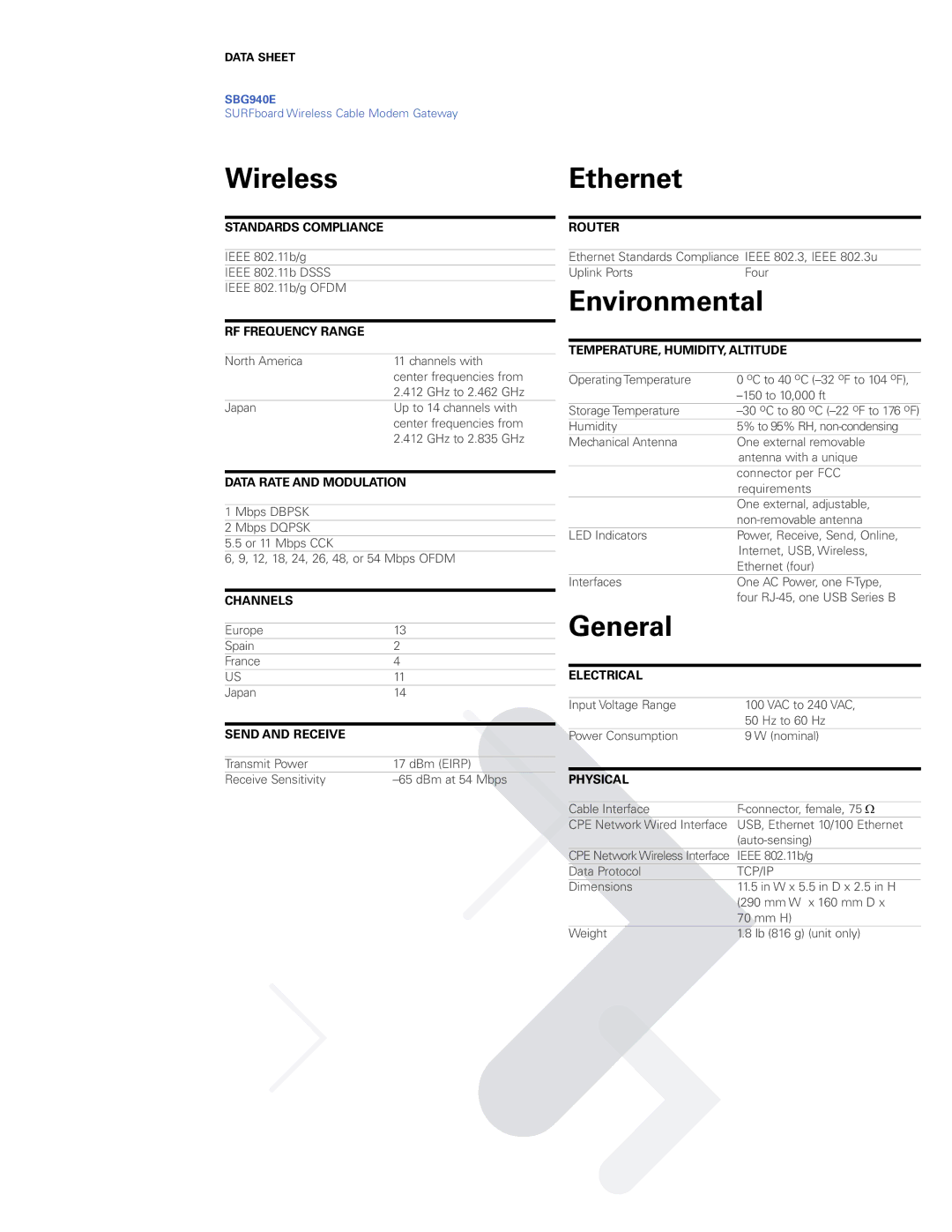 Motorola SBG940E manual Wireless, Ethernet, Environmental, General 